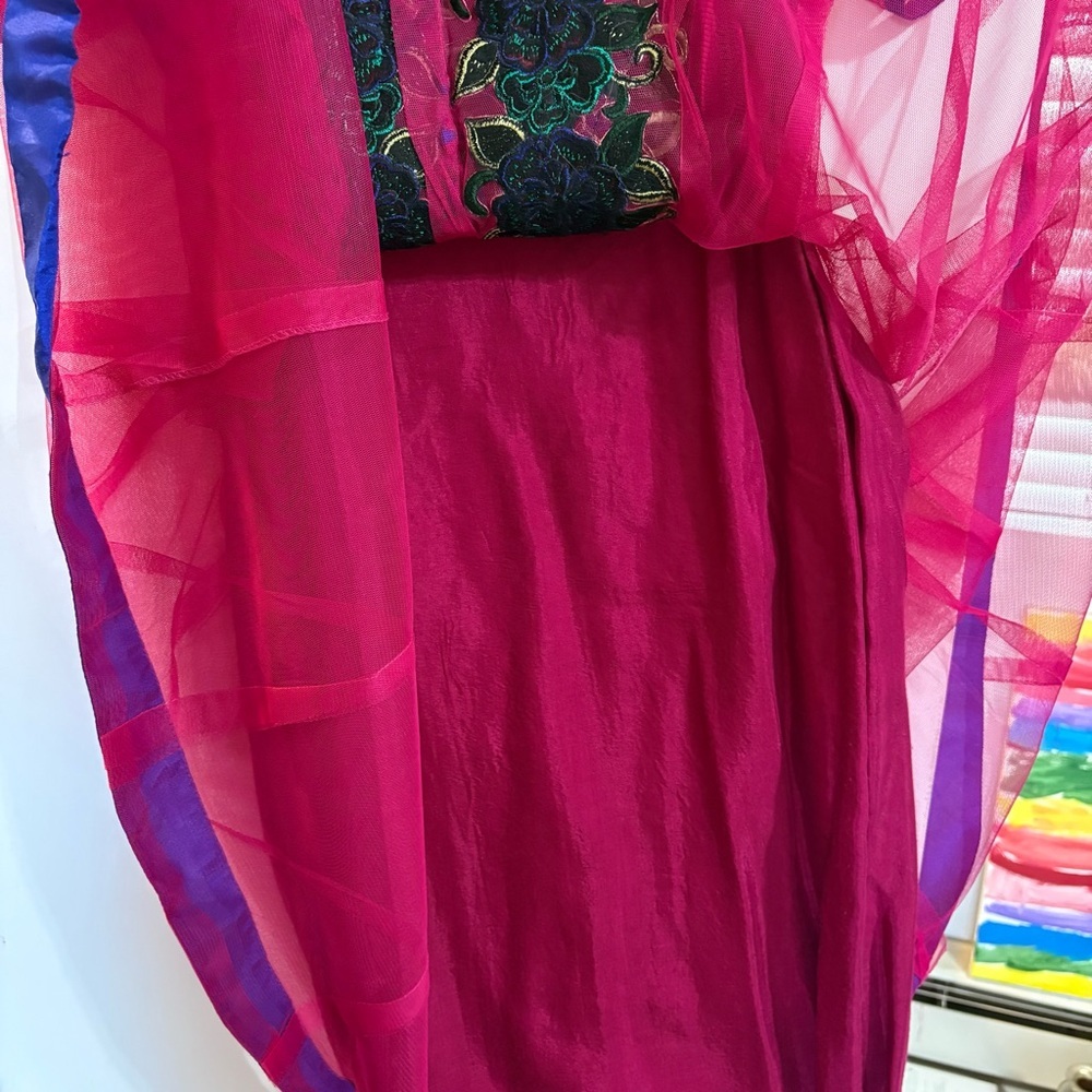 Magenta Embroidered Anarkali Gown Handmade Lined Tulle Outer Layer Indian Sz M - Picture 7 of 15